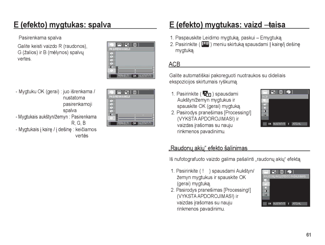 Samsung EC-L201ZSBA/RU, EC-L201ZBBA/RU Efekto mygtukas spalva Efekto mygtukas vaizdǐ taisa, „Raudonǐ akiǐ efekto šalinimas 