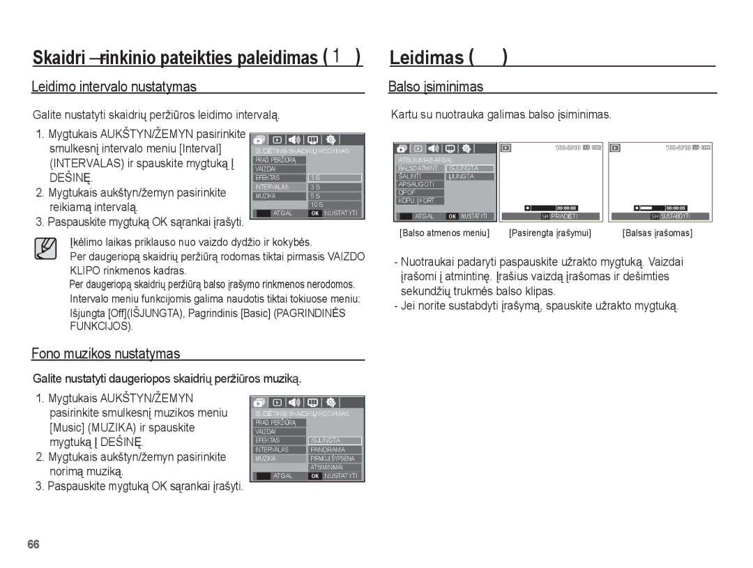 Samsung EC-L201ZBBA/RU, EC-L201ZSBA/RU Leidimas à, Leidimo intervalo nustatymas, Balso Ƴsiminimas, Fono muzikos nustatymas 