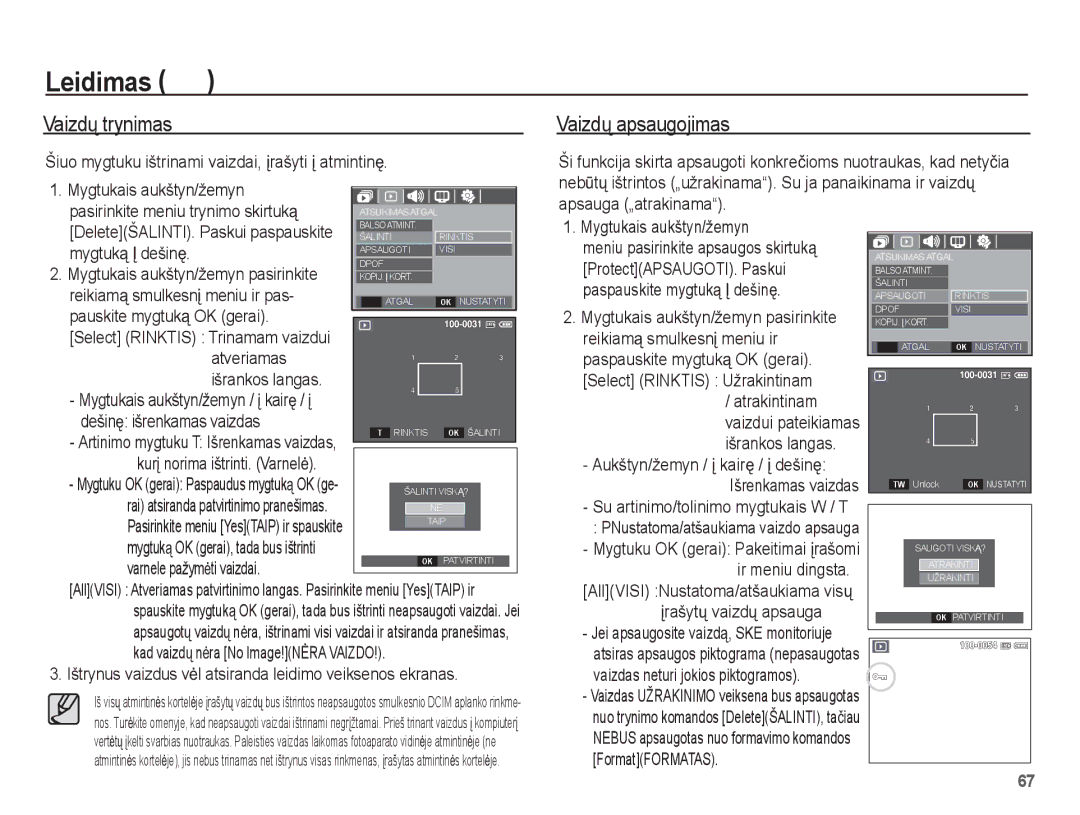 Samsung EC-L201ZSBA/RU, EC-L201ZBBA/RU manual Vaizdǐ trynimas, Vaizdǐ apsaugojimas 