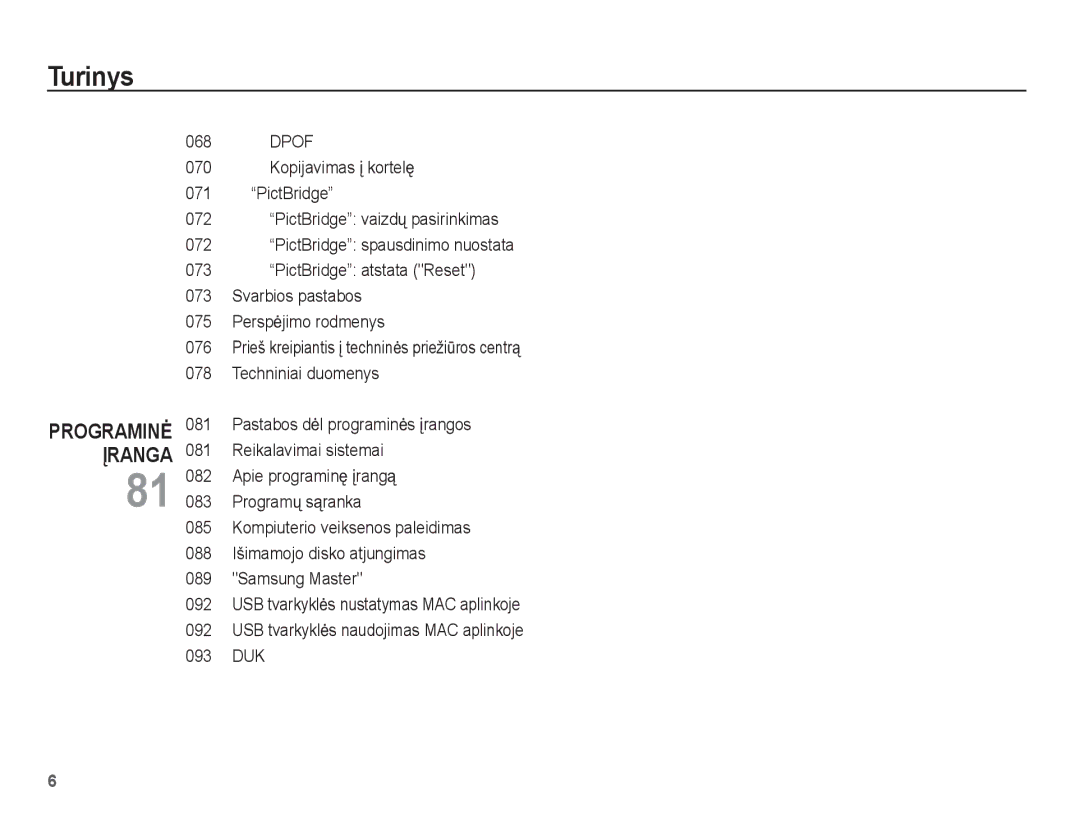 Samsung EC-L201ZBBA/RU, EC-L201ZSBA/RU manual Dpof Kopijavimas Ƴ kortelĊ PictBridge, PictBridge vaizdǐ pasirinkimas 