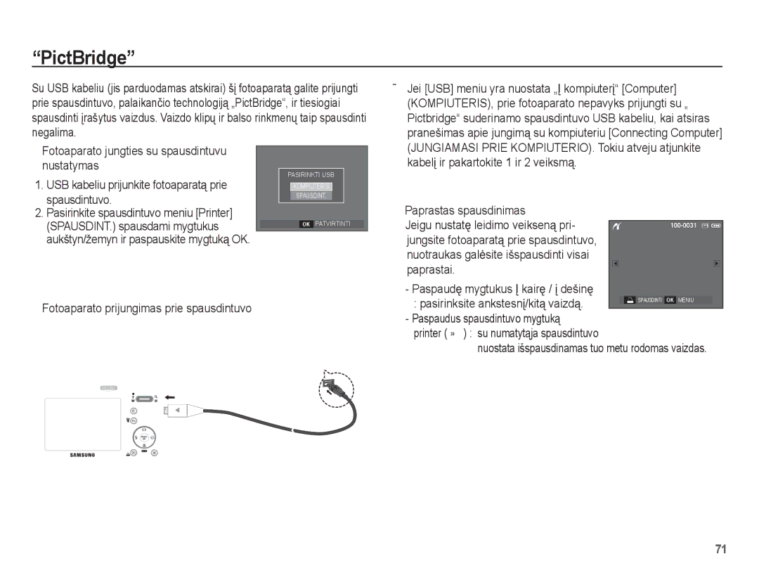 Samsung EC-L201ZSBA/RU, EC-L201ZBBA/RU manual PictBridge, KabelƳ ir pakartokite 1 ir 2 veiksmą 