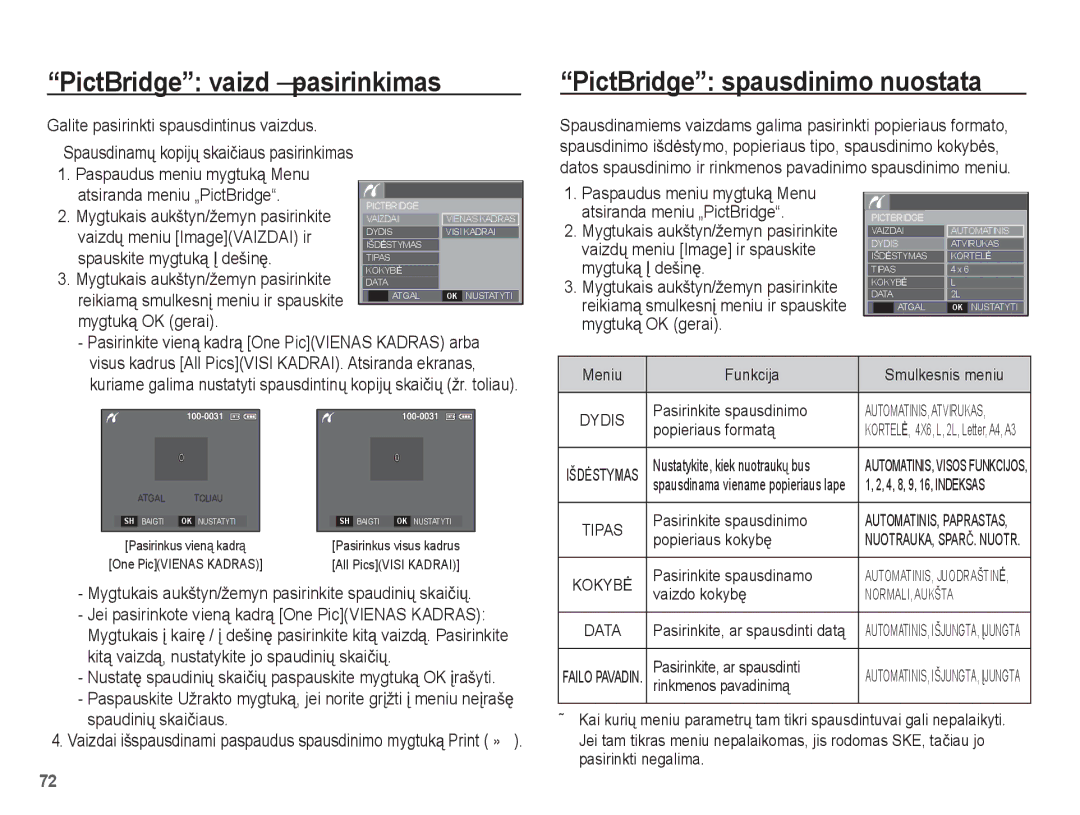 Samsung EC-L201ZBBA/RU manual PictBridge vaizdǐ pasirinkimas, PictBridge spausdinimo nuostata, Atsiranda meniu „PictBridge 