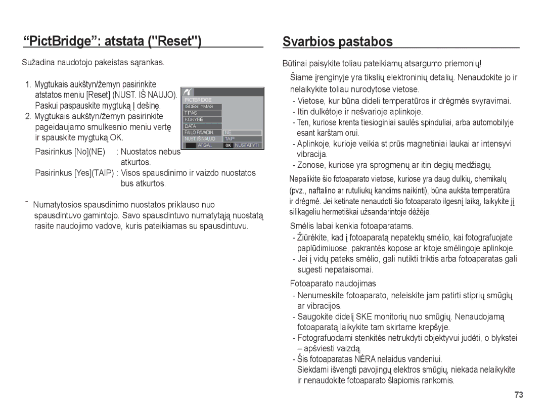 Samsung EC-L201ZSBA/RU, EC-L201ZBBA/RU manual PictBridge atstata Reset, Svarbios pastabos 