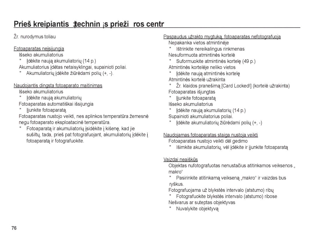 Samsung EC-L201ZBBA/RU, EC-L201ZSBA/RU manual Prieš kreipiantis Ƴ techninơs priežiǌros centrą, Ʋjunkite fotoaparatą 