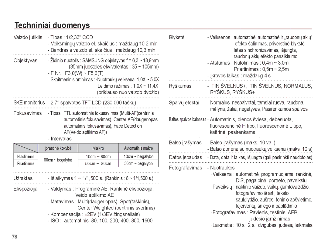 Samsung EC-L201ZBBA/RU, EC-L201ZSBA/RU manual Techniniai duomenys 