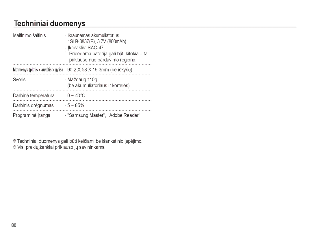 Samsung EC-L201ZBBA/RU, EC-L201ZSBA/RU manual ~ 40C, ~ 85% 