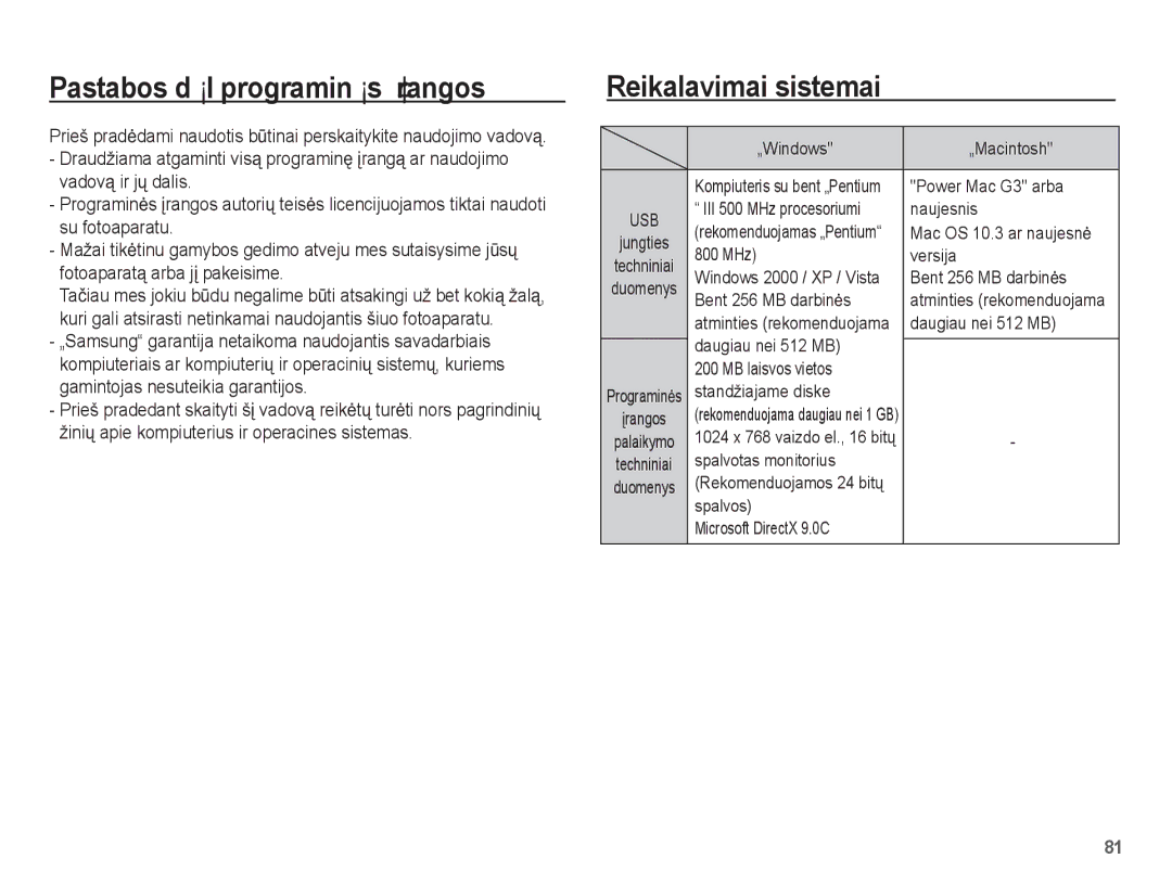 Samsung EC-L201ZSBA/RU, EC-L201ZBBA/RU manual Pastabos dơl programinơs Ƴrangos, Reikalavimai sistemai 