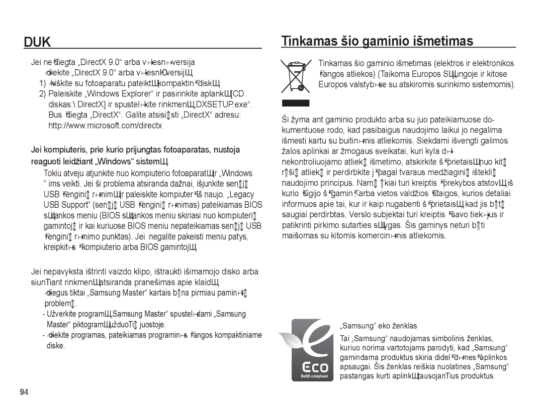 Samsung EC-L201ZBBA/RU, EC-L201ZSBA/RU manual Tinkamas šio gaminio išmetimas, „Samsung eko ženklas 