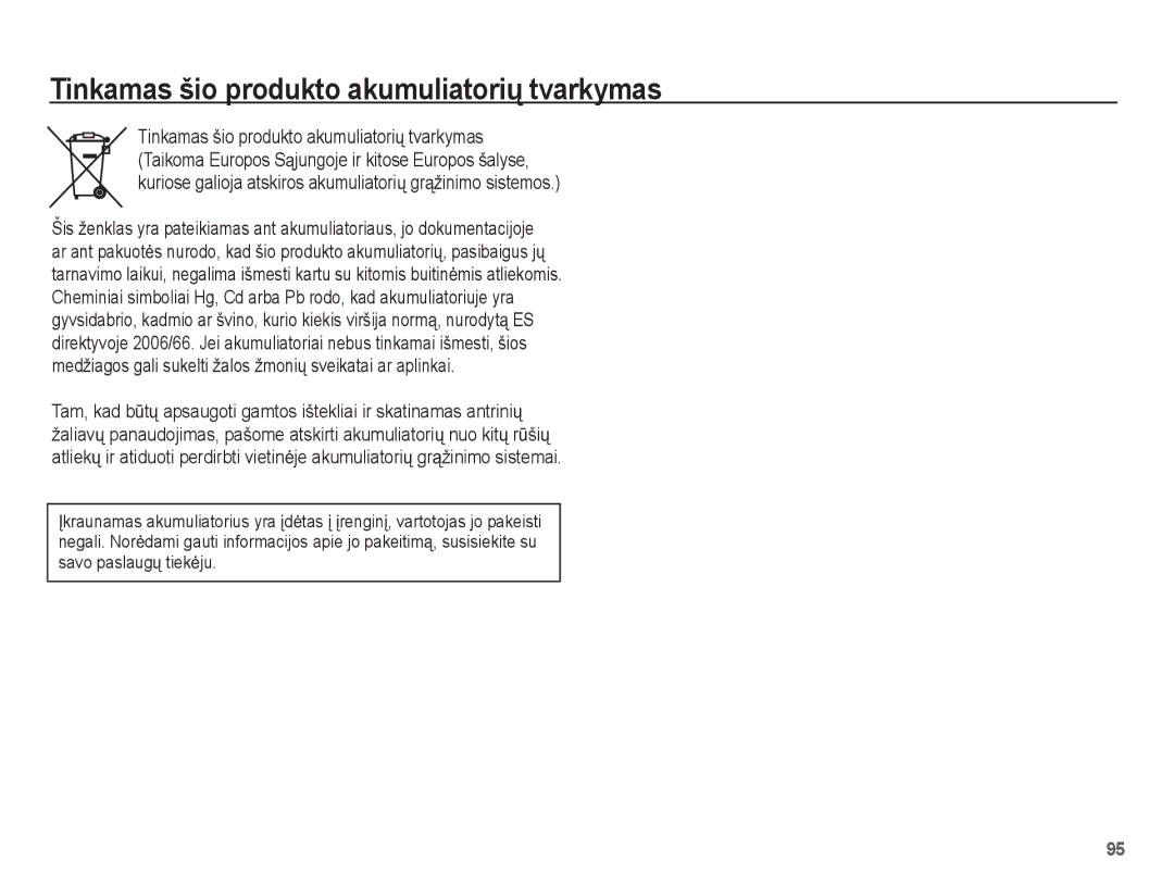 Samsung EC-L201ZSBA/RU, EC-L201ZBBA/RU manual Tinkamas šio produkto akumuliatoriǐ tvarkymas 