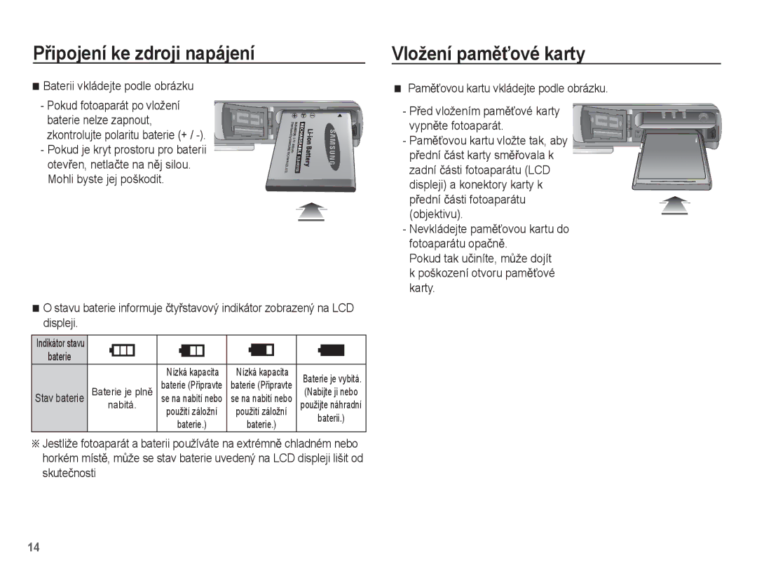 Samsung EC-L201ZPBA/E3, EC-L201ZUBA/E3, EC-L201ZSBA/E3 manual Vložení pamČĢové karty, PamČĢovou kartu vkládejte podle obrázku 