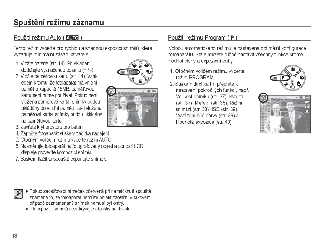 Samsung EC-L201ZSBA/E3, EC-L201ZUBA/E3 manual SpuštČní režimu záznamu, Použití režimu Auto μ, Použití režimu Program 