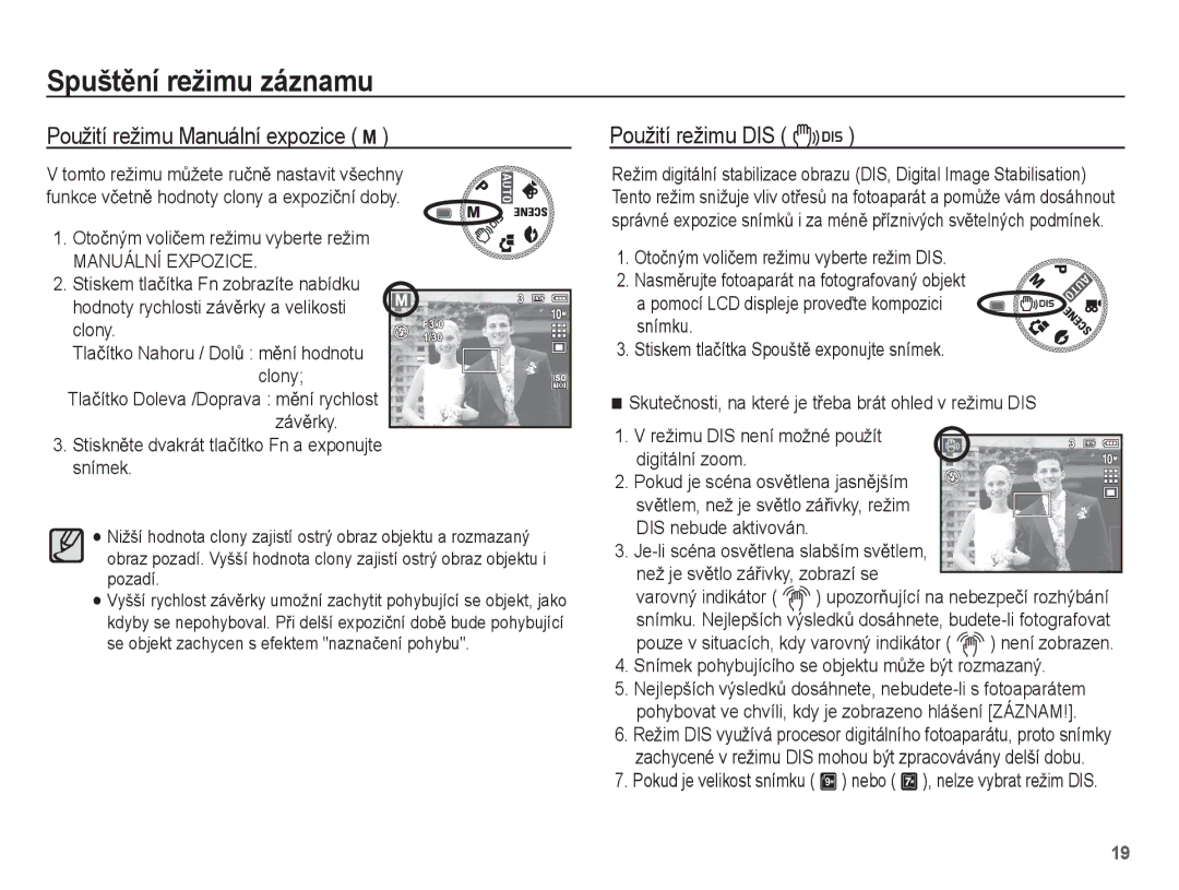 Samsung EC-L201ZBBA/E3, EC-L201ZUBA/E3 manual Použití režimu Manuální expozice ¸, Použití režimu DIS, Manuální Expozice 