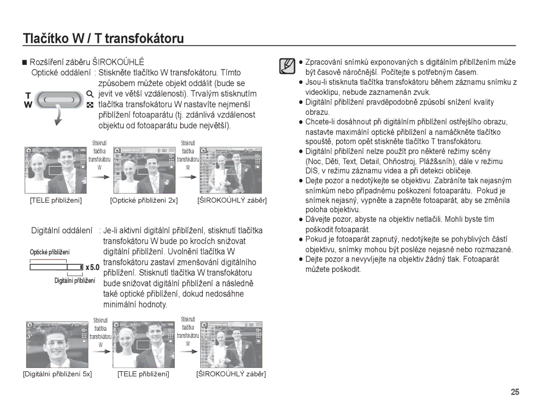 Samsung EC-L201ZBBA/E3, EC-L201ZUBA/E3 manual RozšíĜení zábČru Širokoúhlé, Jevit ve vČtší vzdálenosti. Trvalým stisknutím 