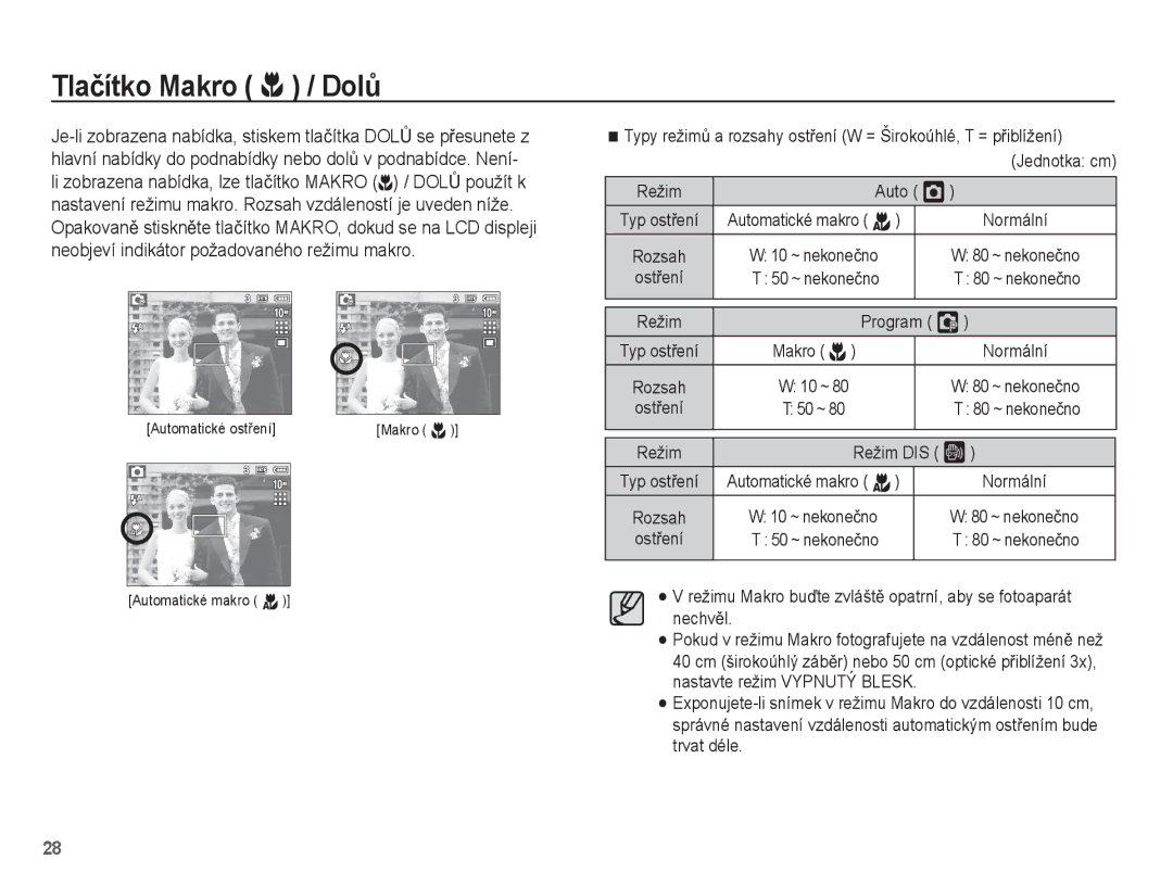 Samsung EC-L201ZSDA/E3, EC-L201ZUBA/E3, EC-L201ZSBA/E3 manual Tlaþítko Makro e / DolĤ, Auto Š, Program ‰, Režim DIS ÿ 