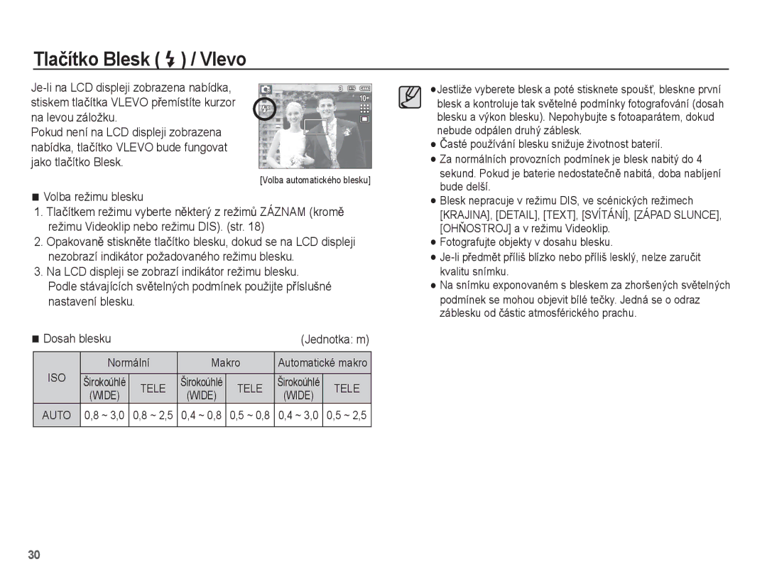 Samsung EC-L201ZSBA/E3, EC-L201ZUBA/E3 manual Tlaþítko Blesk / Vlevo, Volba režimu blesku, Normální Makro, Auto 0,8 ~ 3,0 