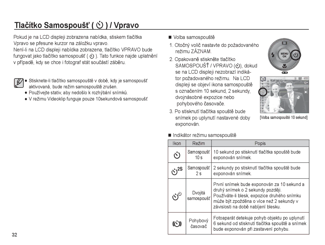 Samsung EC-L201ZPBA/E3, EC-L201ZUBA/E3 manual Tlaþítko SamospoušĢ / Vpravo, Dvojnásobné expozice nebo Pohybového þasovaþe 