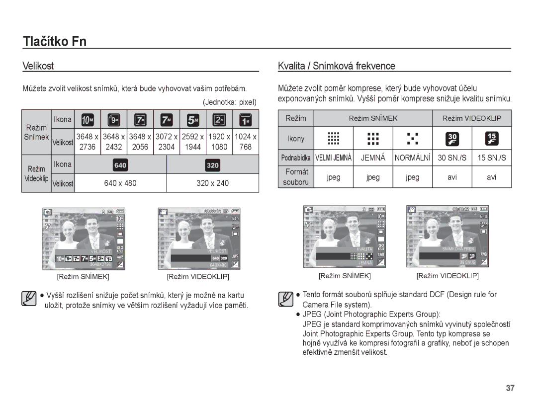 Samsung EC-L201ZBBA/E3, EC-L201ZUBA/E3 manual Velikost, Kvalita / Snímková frekvence, 2736 2432 2056 2304 1944 1080 768, Avi 