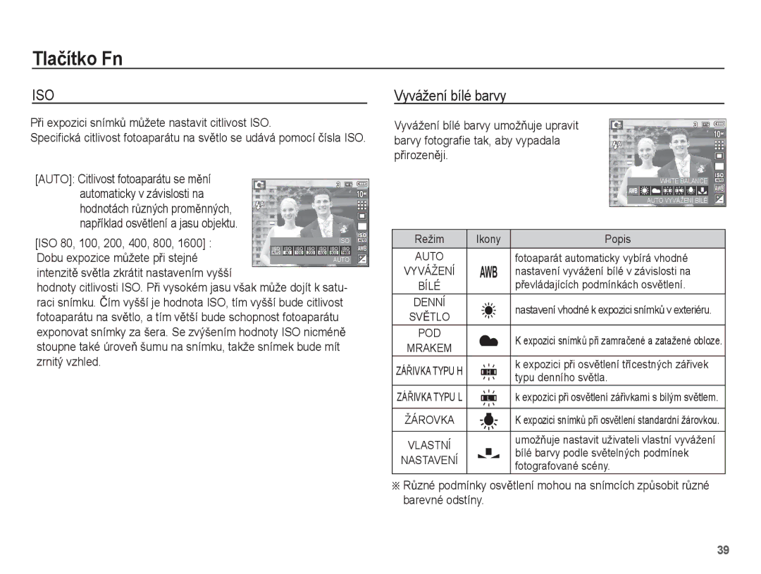 Samsung EC-L201ZEBA/E3 Vyvážení bílé barvy, PĜi expozici snímkĤ mĤžete nastavit citlivost ISO, ISO 80, 100, 200, 400, 800 