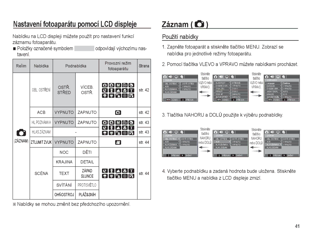 Samsung EC-L201ZUBA/E3, EC-L201ZSBA/E3 manual Použití nabídky, Záznamu fotoaparátu Položky oznaþené symbolem, Tavení 