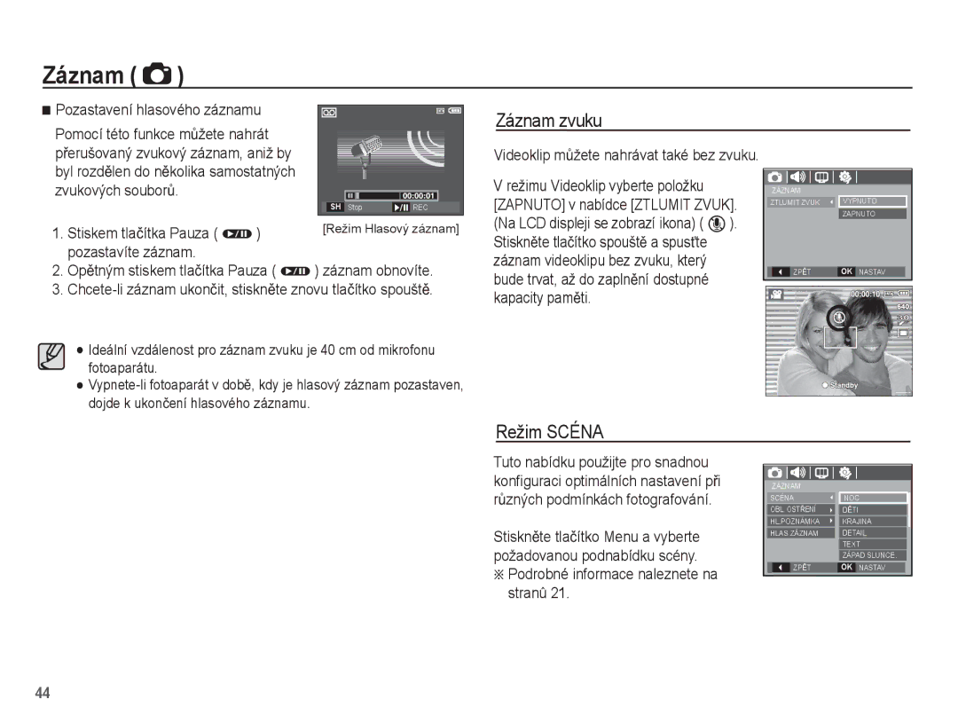 Samsung EC-L201ZPBA/E3, EC-L201ZUBA/E3, EC-L201ZSBA/E3, EC-L201ZBBA/E3, EC-L201ZEBA/E3 manual Záznam zvuku, Režim Scéna 