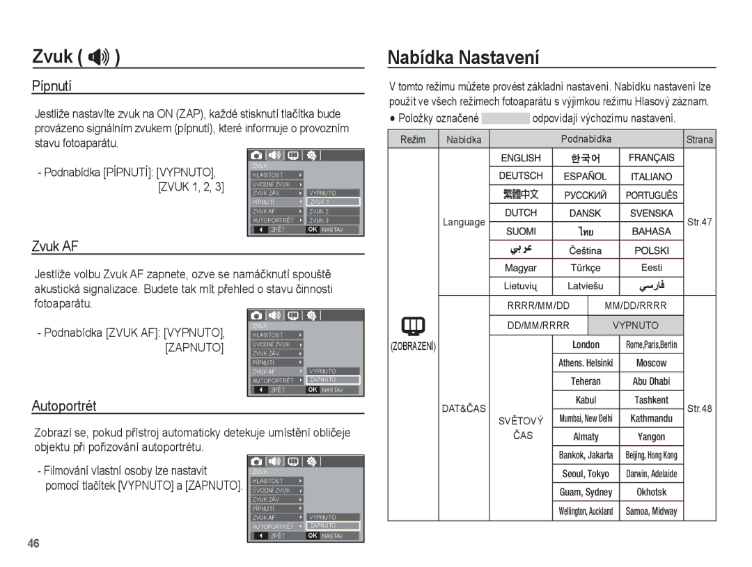 Samsung EC-L201ZSDA/E3 Nabídka Nastavení, Pípnutí, Zvuk AF, Autoportrét, Položky oznaþené odpovídají výchozímu nastavení 