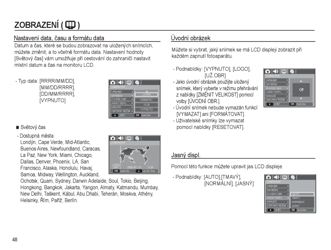 Samsung EC-L201ZSBA/E3, EC-L201ZUBA/E3 Nastavení data, þasu a formátu data Úvodní obrázek, Jasný displ, Už.Obr, Vypnuto 