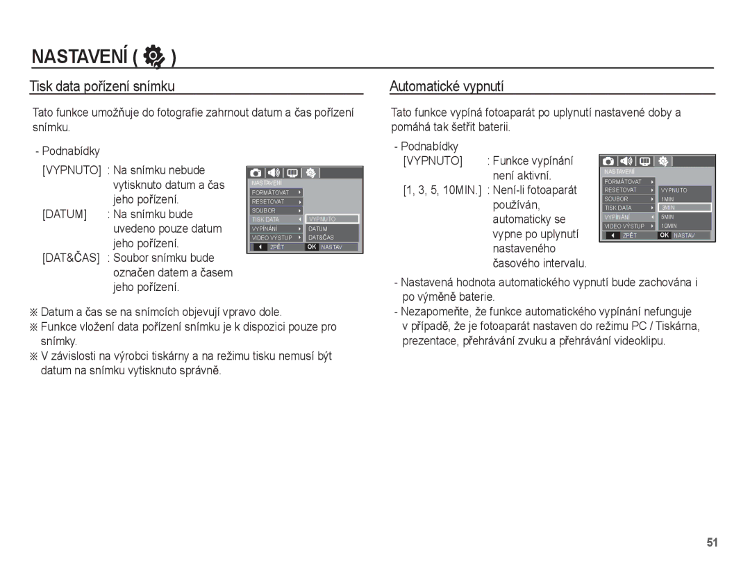 Samsung EC-L201ZEBA/E3, EC-L201ZUBA/E3, EC-L201ZSBA/E3, EC-L201ZBBA/E3 Tisk data poĜízení snímku, Automatické vypnutí, Datum 