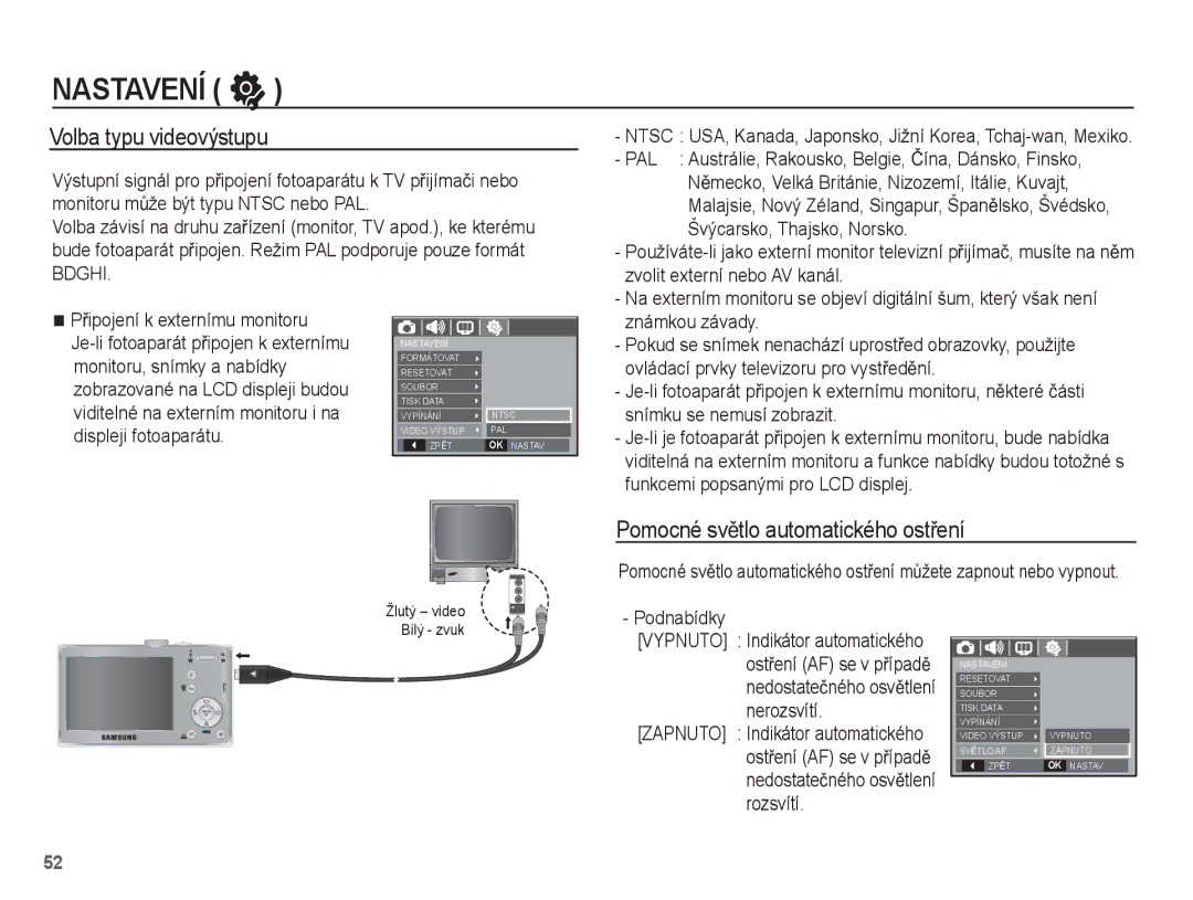 Samsung EC-L201ZSDA/E3, EC-L201ZUBA/E3, EC-L201ZSBA/E3 Volba typu videovýstupu, Pomocné svČtlo automatického ostĜení, Bdghi 