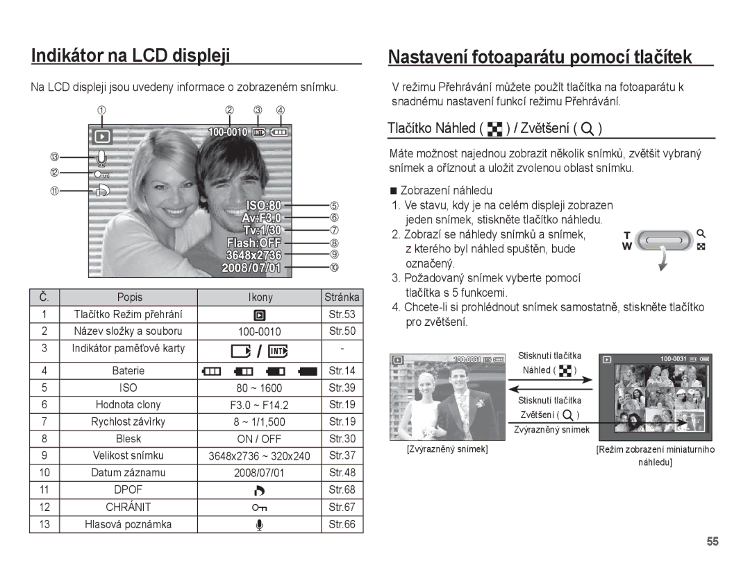 Samsung EC-L201ZBBA/E3 manual Nastavení fotoaparátu pomocí tlaþítek, Tlaþítko Náhled º / ZvČtšení í, Zobrazení náhledu 