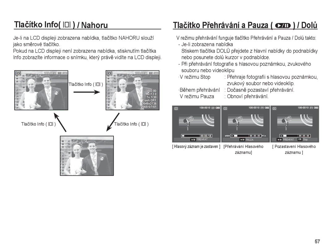 Samsung EC-L201ZEBA/E3 manual Tlaþítko Info î / Nahoru, Zvukový soubor nebo videoklip, DoþasnČ pozastaví pĜehrávání 