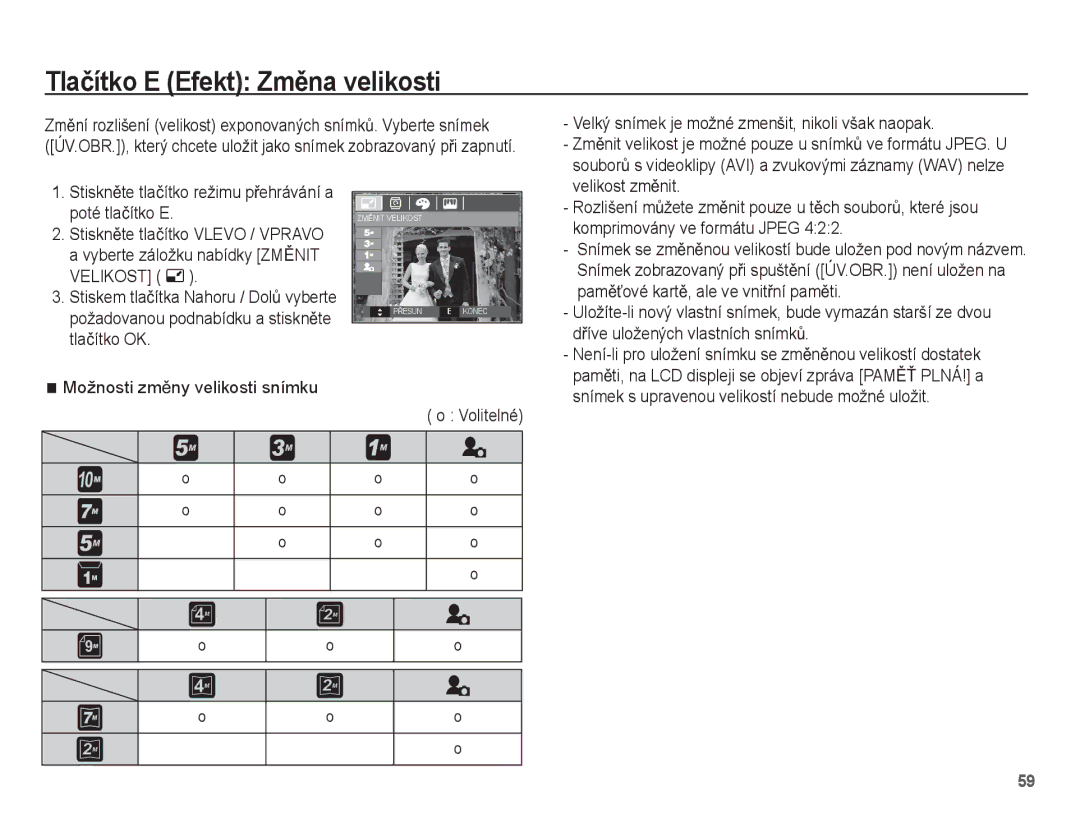 Samsung EC-L201ZUBA/E3, EC-L201ZSBA/E3, EC-L201ZBBA/E3, EC-L201ZPBA/E3, EC-L201ZEBA/E3 manual Tlaþítko E Efekt ZmČna velikosti 