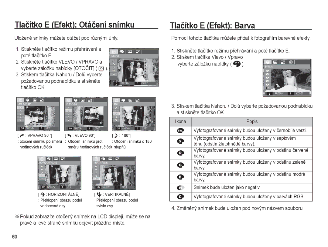 Samsung EC-L201ZSBA/E3, EC-L201ZUBA/E3 Tlaþítko E Efekt Otáþení snímku, Tlaþítko E Efekt Barva, Vyberte záložku nabídky 