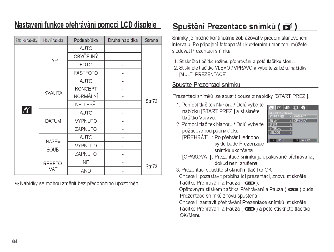 Samsung EC-L201ZSDA/E3, EC-L201ZUBA/E3, EC-L201ZSBA/E3 manual SpuštČní Prezentace snímkĤ , SpusĢte Prezentaci snímkĤ 