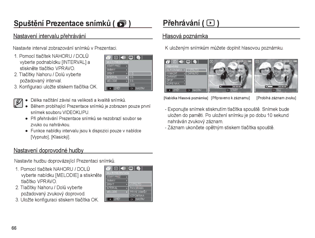 Samsung EC-L201ZSBA/E3 manual PĜehrávání à, Nastavení intervalu pĜehrávání, Hlasová poznámka, Nastavení doprovodné hudby 