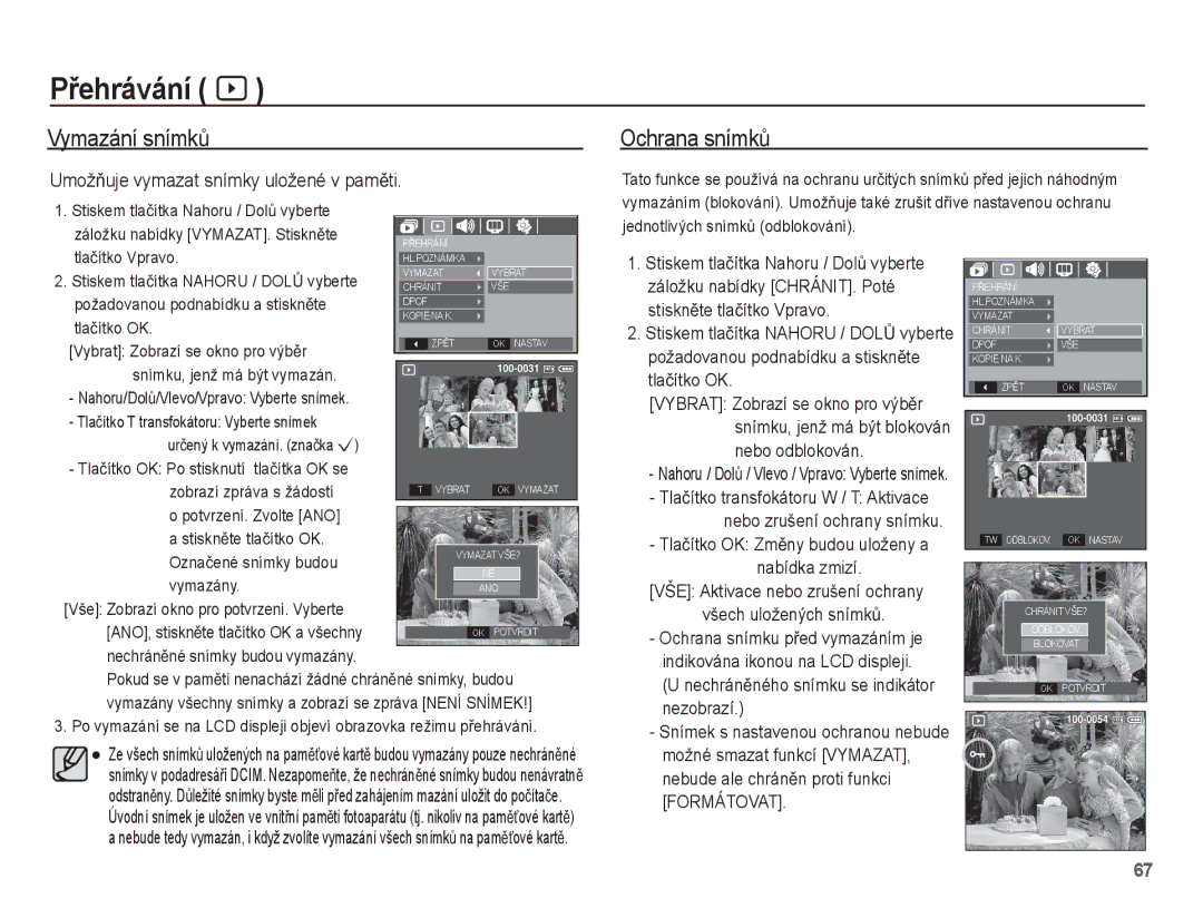 Samsung EC-L201ZBBA/E3, EC-L201ZUBA/E3, EC-L201ZSBA/E3, EC-L201ZPBA/E3, EC-L201ZEBA/E3 manual Vymazání snímkĤ Ochrana snímkĤ 