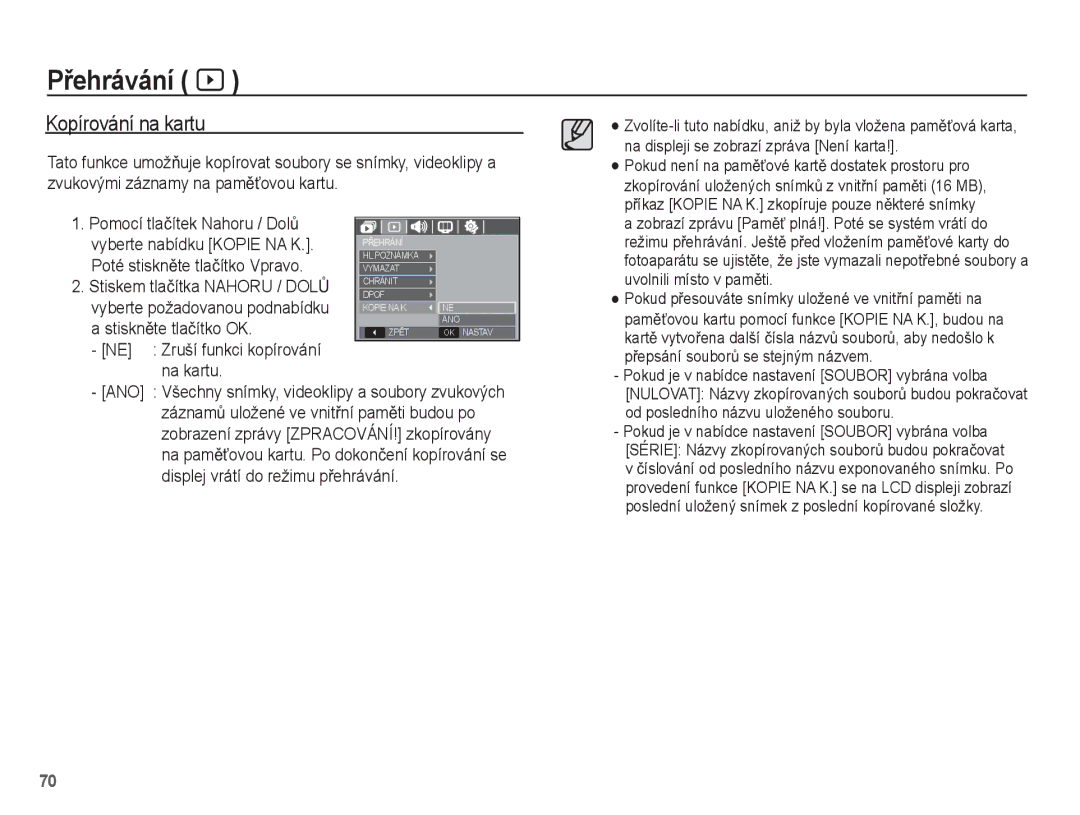 Samsung EC-L201ZSDA/E3, EC-L201ZUBA/E3 manual Kopírování na kartu, StisknČte tlaþítko OK, Zruší funkci kopírování Na kartu 