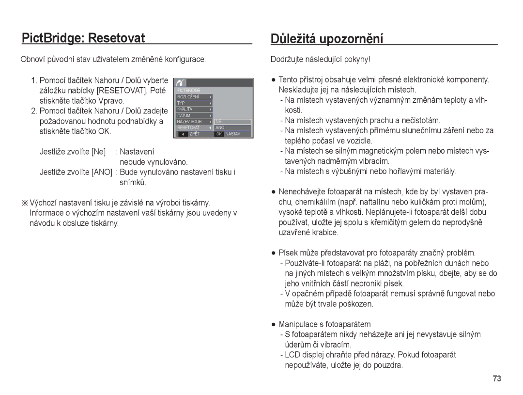 Samsung EC-L201ZBBA/E3, EC-L201ZUBA/E3, EC-L201ZSBA/E3, EC-L201ZPBA/E3 manual PictBridge Resetovat, DĤležitá upozornČní 