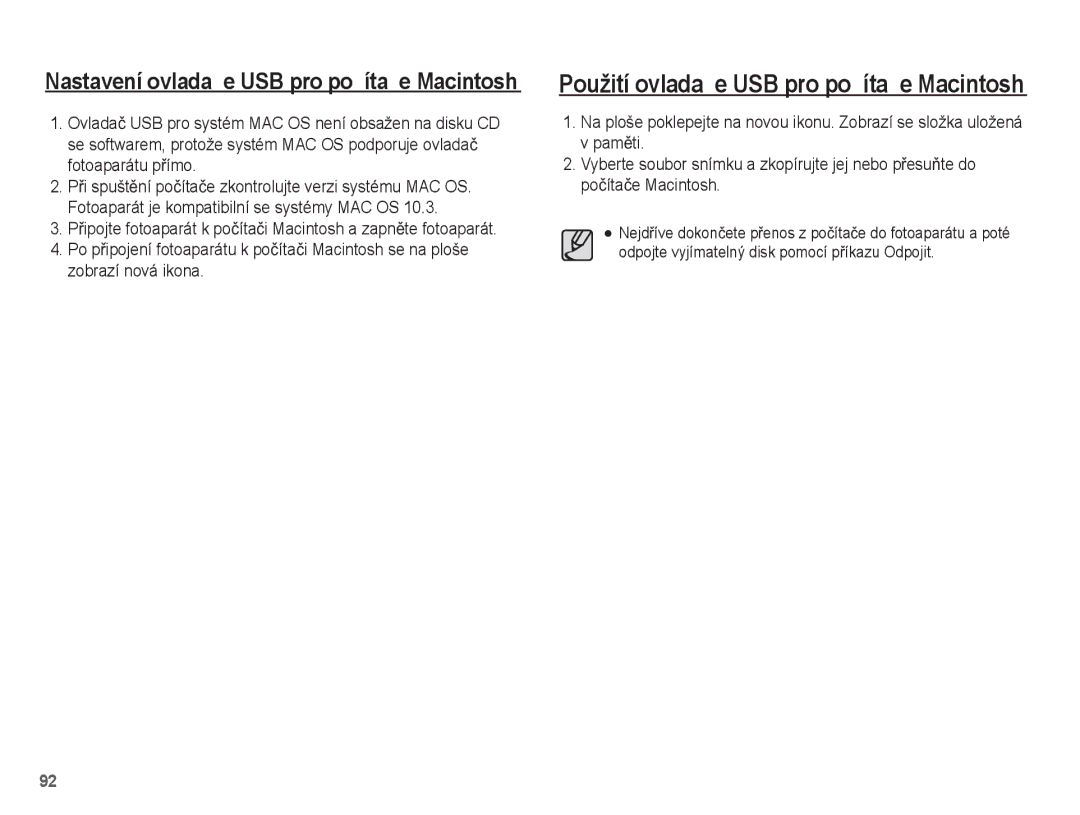 Samsung EC-L201ZPBA/E3, EC-L201ZUBA/E3, EC-L201ZSBA/E3, EC-L201ZBBA/E3 manual Použití ovladaþe USB pro poþítaþe Macintosh 