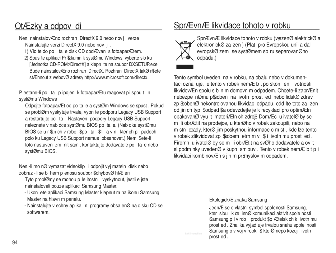 Samsung EC-L201ZSDA/E3, EC-L201ZUBA/E3, EC-L201ZSBA/E3 manual Správná likvidace tohoto výrobku, Ekologická znaþka Samsung 