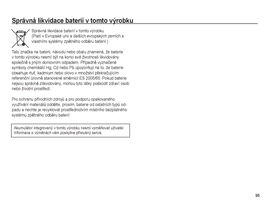 Samsung EC-L201ZUBA/E3, EC-L201ZSBA/E3, EC-L201ZBBA/E3, EC-L201ZPBA/E3 manual Správná likvidace baterií v tomto výrobku 