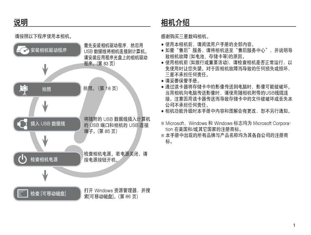 Samsung EC-L201ZSBC/IT, EC-L201ZUBA/E3 manual 相机介绍, 请按照以下程序使用本相机。, 拍照。 第 18 页, 请妥善保管手册。, 相机功能升级时本手册中内容和图解会有更改，恕不另行通知。 