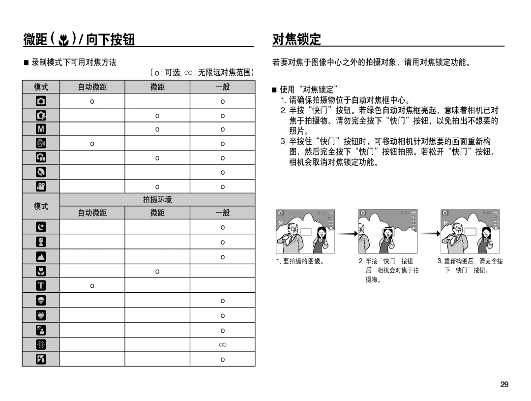 Samsung EC-L201ZEBC/IT, EC-L201ZUBA/E3, EC-L201ZUBC/IT 录制模式下可用对焦方法, 若要对焦于图像中心之外的拍摄对象，请用对焦锁定功能。 使用对焦锁定 请确保拍摄物位于自动对焦框中心。 