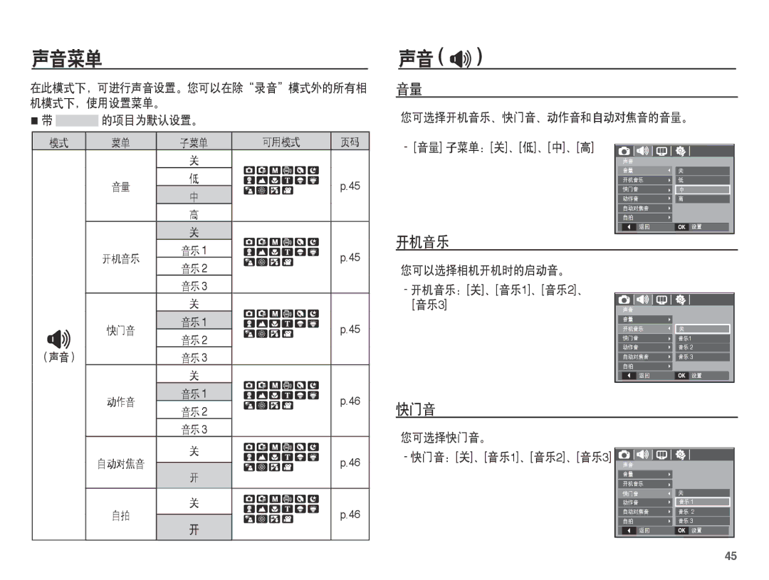 Samsung EC-L201ZUBC/IT, EC-L201ZUBA/E3, EC-L201ZSBC/IT, EC-L201ZEBC/IT, EC-L201ZPBA/E1, EC-L201ZSBA/E3 声音菜单, 声音 #, 开机音乐, 快门音 