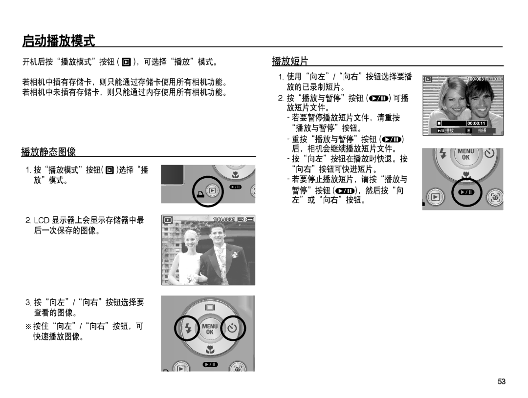 Samsung EC-L201ZUBA/E3, EC-L201ZUBC/IT, EC-L201ZSBC/IT, EC-L201ZEBC/IT, EC-L201ZPBA/E1, EC-L201ZSBA/E3 启动播放模式, 播放短片, 播放静态图像 