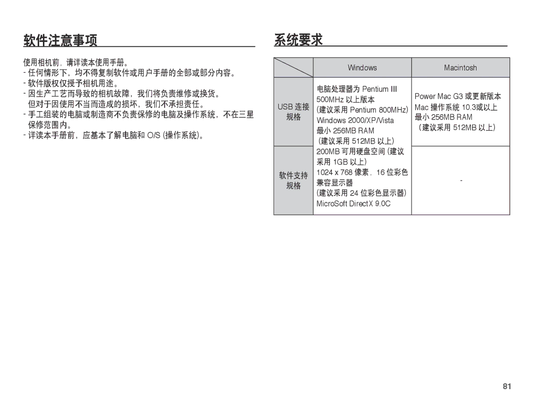 Samsung EC-L201ZUBC/IT 软件注意事项, 系统要求, 使用相机前，请详读本使用手册。 任何情形下，均不得复制软件或用户手册的全部或部分内容。 软件版权仅授予相机用途。, 详读本手册前，应基本了解电脑和 O/S 操作系统。 