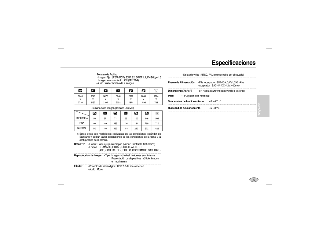 Samsung EC-L210ZRDB/AS, EC-L210B01KFR, EC-L210ZUDA/E3 manual Temperatura de funcionamiento, Humedad de funcionamiento 