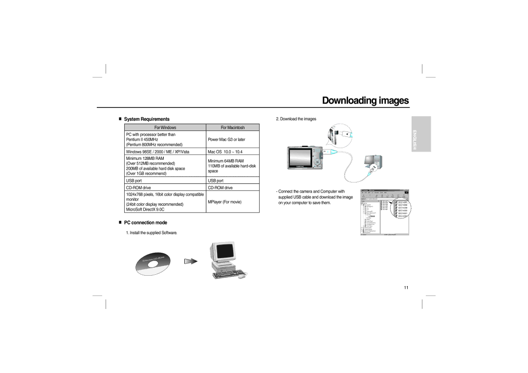 Samsung EC-L210ZSBA/E2, EC-L210B01KFR, EC-L210ZUDA/E3 manual Downloading images, System Requirements, PC connection mode 