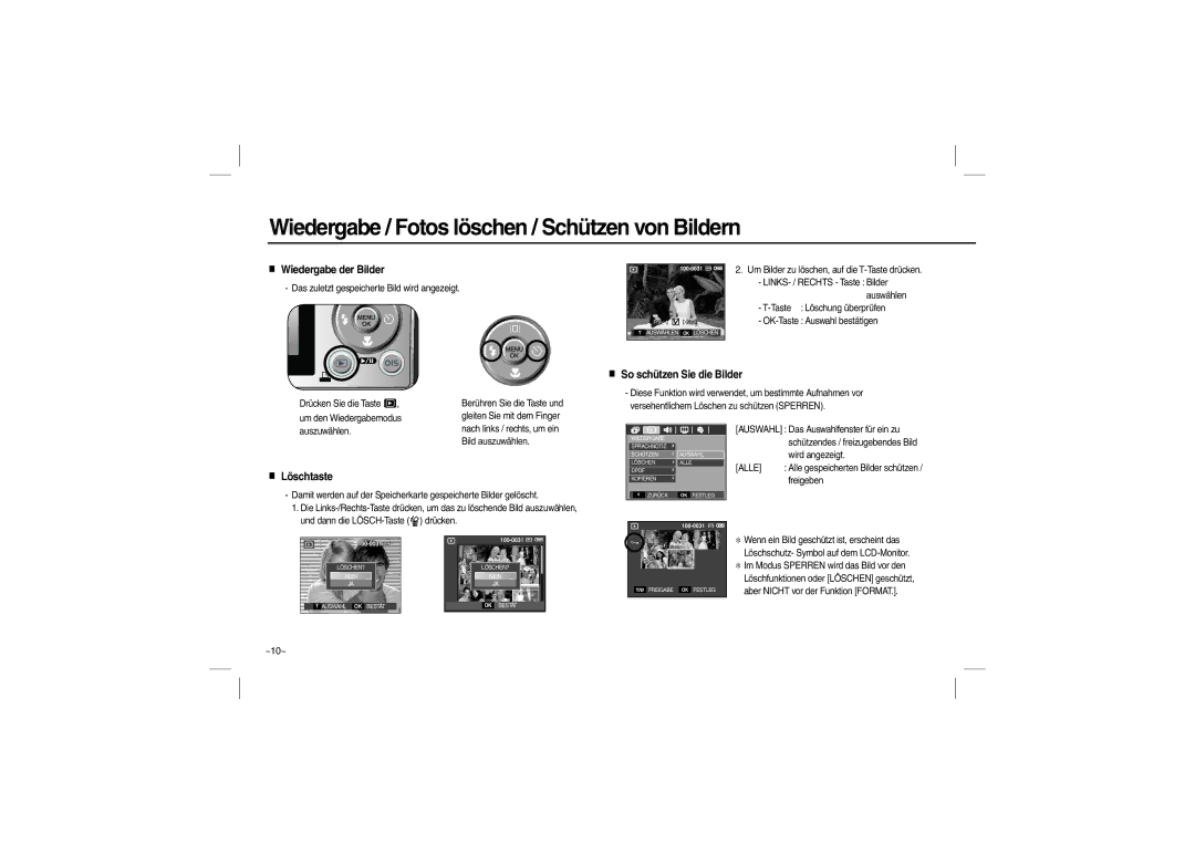 Samsung EC-L210ZSBA/E1, EC-L210B01KFR, EC-L210ZUDA/E3 manual Wiedergabe der Bilder, So schützen Sie die Bilder, Löschtaste 