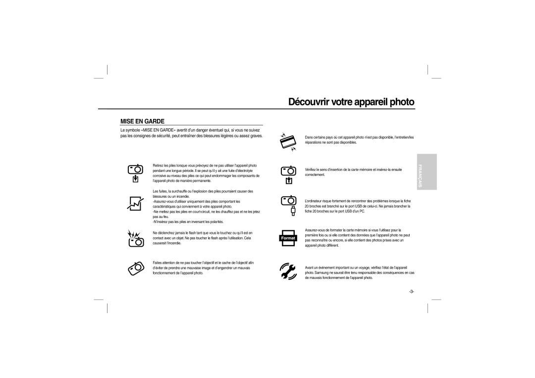 Samsung EC-L210ZBBB/AS, EC-L210B01KFR, EC-L210ZUDA/E3, EC-L210ZSDA/E3, EC-L210ZRDA/E3 manual Mise EN Garde, Correctement 