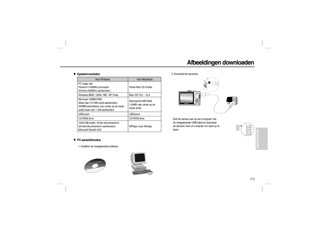 Samsung EC-L210ZBBA/AS, EC-L210B01KFR, EC-L210ZUDA/E3 manual Afbeeldingen downloaden, Systeemvereisten, PC-aansluitmodus 